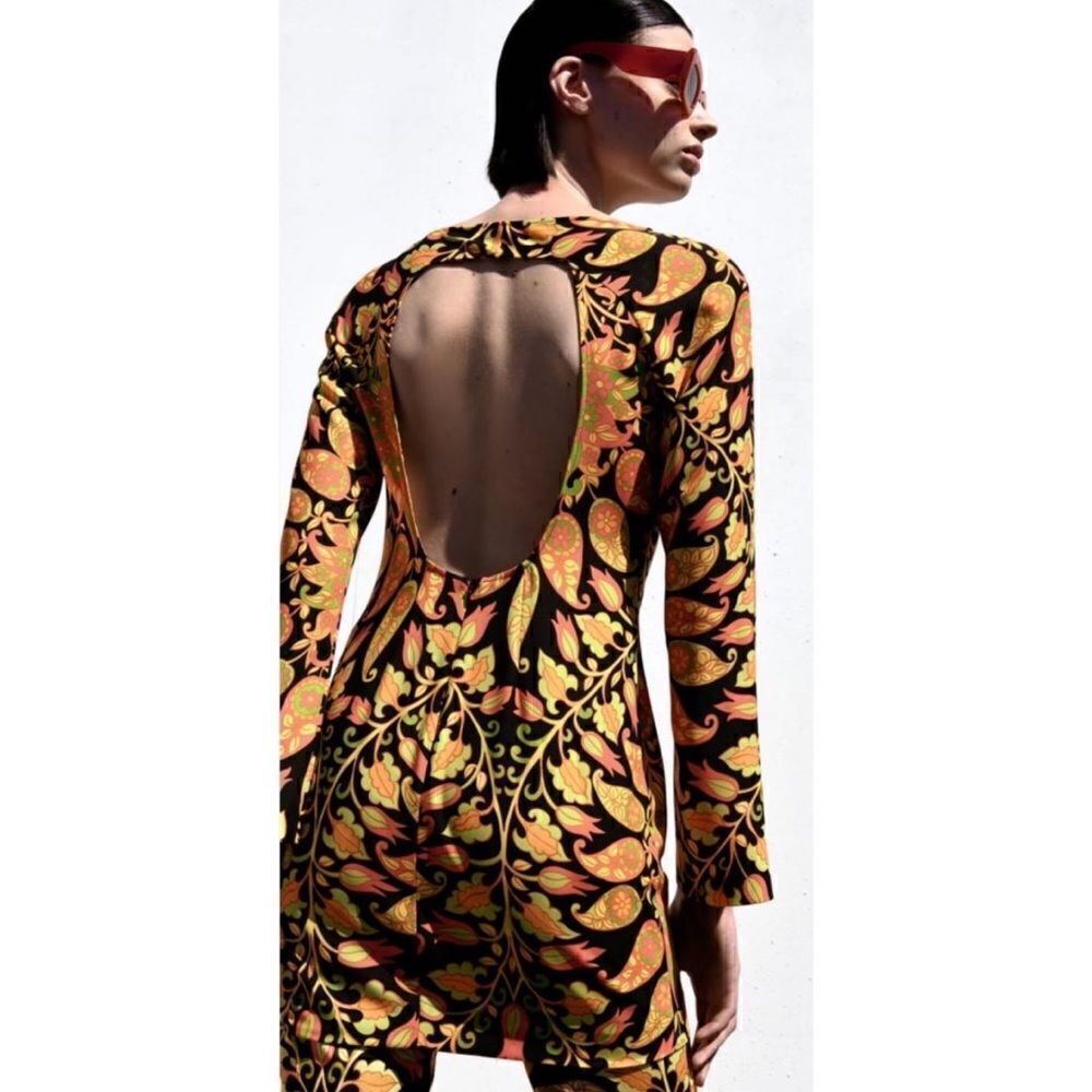 NWT Zara Blogger’s Favorite Long Sleeve Printed Multicolor Open Back Mini Dress - Picture 8 of 12